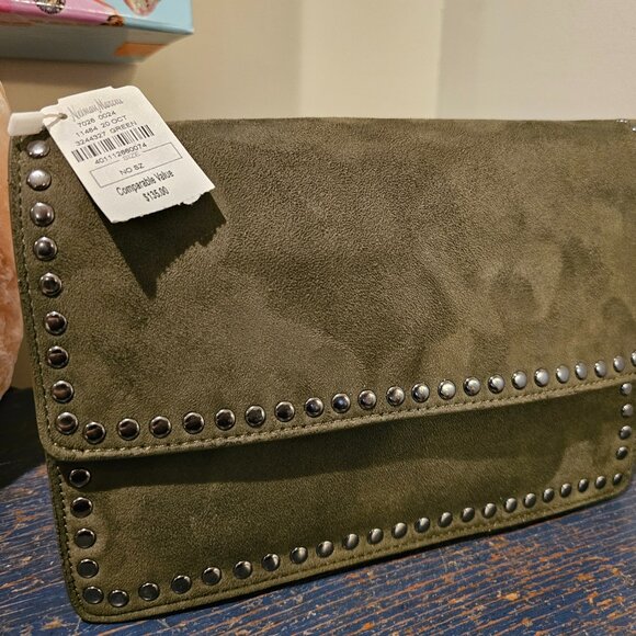 NEIMAN MARCUS STUDDED SUEDE Loden Green Shoulder Bag / CLUTCH / crossbody NWT - Picture 5 of 11